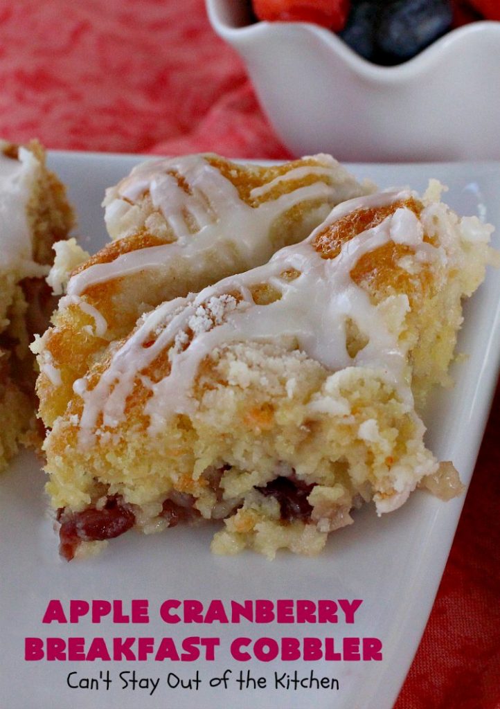 Apple Cranberry Breakfast Cobbler | this amazing #recipe is half #cobbler and half #CoffeeCake. It's made with a can of #AppleCranberryPieFilling & tastes absolutely scrumptious. It's great for a #holiday #breakfast like #Thanksgiving or #Christmas. Every bite will have you drooling! #AppleCranberryBreakfastCobbler #BreakfastCobbler #HolidayBreakfast