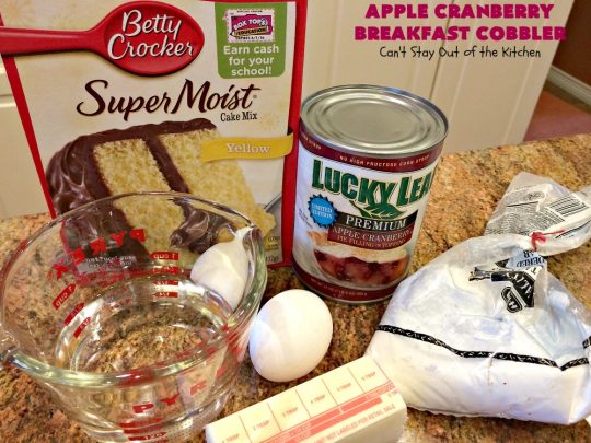 Apple Cranberry Breakfast Cobbler | this amazing #recipe is half #cobbler and half #CoffeeCake. It's made with a can of #AppleCranberryPieFilling & tastes absolutely scrumptious. It's great for a #holiday #breakfast like #Thanksgiving or #Christmas. Every bite will have you drooling! #AppleCranberryBreakfastCobbler #BreakfastCobbler #HolidayBreakfast