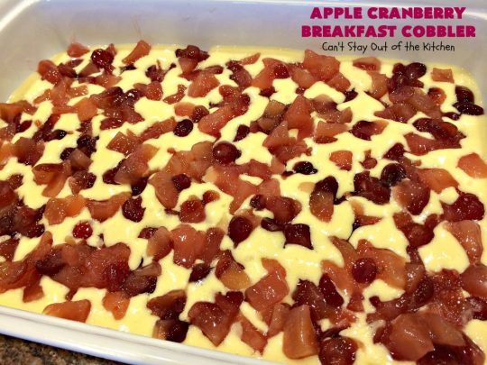 Apple Cranberry Breakfast Cobbler | this amazing #recipe is half #cobbler and half #CoffeeCake. It's made with a can of #AppleCranberryPieFilling & tastes absolutely scrumptious. It's great for a #holiday #breakfast like #Thanksgiving or #Christmas. Every bite will have you drooling! #AppleCranberryBreakfastCobbler #BreakfastCobbler #HolidayBreakfast