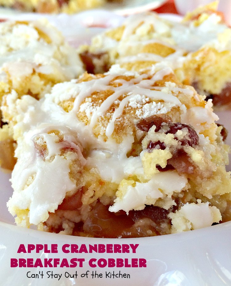 Apple Cranberry Breakfast Cobbler | this amazing #recipe is half #cobbler and half #CoffeeCake. It's made with a can of #AppleCranberryPieFilling & tastes absolutely scrumptious. It's great for a #holiday #breakfast like #Thanksgiving or #Christmas. Every bite will have you drooling! #AppleCranberryBreakfastCobbler #BreakfastCobbler #HolidayBreakfast
