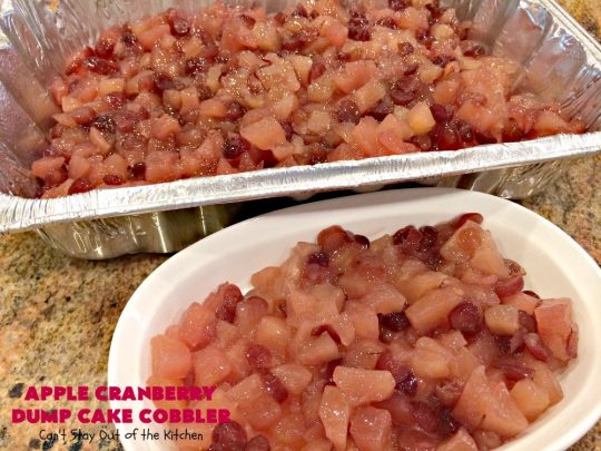 Apple Cranberry Dump Cake Cobbler | Can't Stay Out of the Kitchen | this festive & beautiful #DumpCake #recipe uses only 5 ingredients! It's perfect for a company or #holiday #dessert, especially between #Thanksgiving and #Christmas! #cobbler #AppleCranberryDumpCakeCobbler #coconut #AppleCobbler #AppleCranberryCobbler #pecans