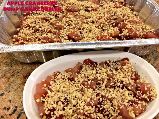 Apple Cranberry Dump Cake Cobbler | Can't Stay Out of the Kitchen | this festive & beautiful #DumpCake #recipe uses only 5 ingredients! It's perfect for a company or #holiday #dessert, especially between #Thanksgiving and #Christmas! #cobbler #AppleCranberryDumpCakeCobbler #coconut #AppleCobbler #AppleCranberryCobbler #pecans