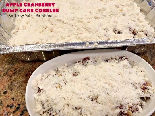 Apple Cranberry Dump Cake Cobbler | Can't Stay Out of the Kitchen | this festive & beautiful #DumpCake #recipe uses only 5 ingredients! It's perfect for a company or #holiday #dessert, especially between #Thanksgiving and #Christmas! #cobbler #AppleCranberryDumpCakeCobbler #coconut #AppleCobbler #AppleCranberryCobbler #pecans