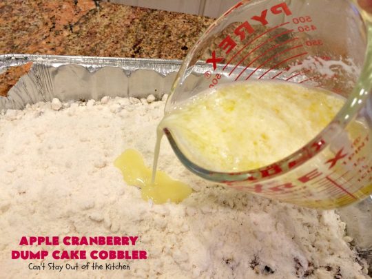 Apple Cranberry Dump Cake Cobbler | Can't Stay Out of the Kitchen | this festive & beautiful #DumpCake #recipe uses only 5 ingredients! It's perfect for a company or #holiday #dessert, especially between #Thanksgiving and #Christmas! #cobbler #AppleCranberryDumpCakeCobbler #coconut #AppleCobbler #AppleCranberryCobbler #pecans