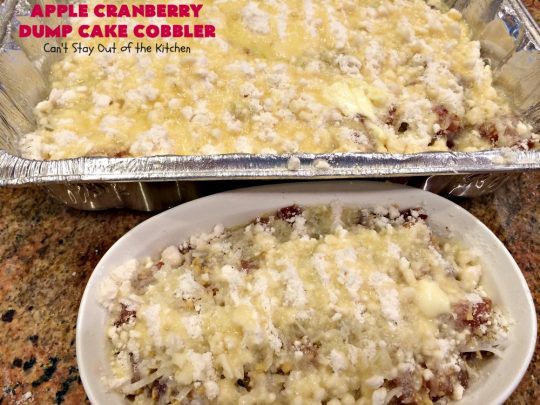 Apple Cranberry Dump Cake Cobbler | Can't Stay Out of the Kitchen | this festive & beautiful #DumpCake #recipe uses only 5 ingredients! It's perfect for a company or #holiday #dessert, especially between #Thanksgiving and #Christmas! #cobbler #AppleCranberryDumpCakeCobbler #coconut #AppleCobbler #AppleCranberryCobbler #pecans