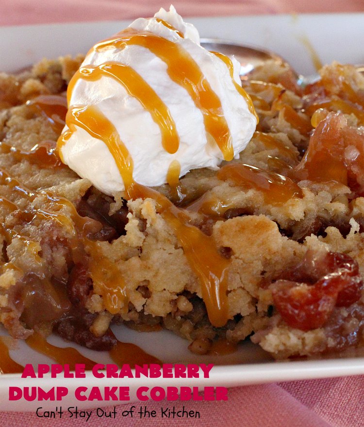 Apple Cranberry Dump Cake Cobbler | Can't Stay Out of the Kitchen | this festive & beautiful #DumpCake #recipe uses only 5 ingredients! It's perfect for a company or #holiday #dessert, especially between #Thanksgiving and #Christmas! #cobbler #AppleCranberryDumpCakeCobbler #coconut #AppleCobbler #AppleCranberryCobbler #pecans