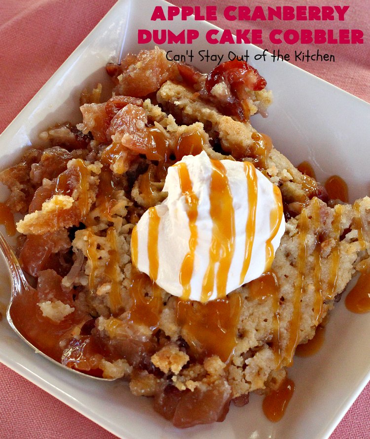 Apple Cranberry Dump Cake Cobbler | Can't Stay Out of the Kitchen | this festive & beautiful #DumpCake #recipe uses only 5 ingredients! It's perfect for a company or #holiday #dessert, especially between #Thanksgiving and #Christmas! #cobbler #AppleCranberryDumpCakeCobbler #coconut #AppleCobbler #AppleCranberryCobbler #pecans