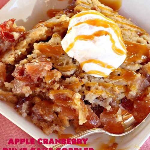 Apple Cranberry Dump Cake Cobbler | Can't Stay Out of the Kitchen | this festive & beautiful #DumpCake #recipe uses only 5 ingredients! It's perfect for a company or #holiday #dessert, especially between #Thanksgiving and #Christmas! #cobbler #AppleCranberryDumpCakeCobbler #coconut #AppleCobbler #AppleCranberryCobbler #pecans