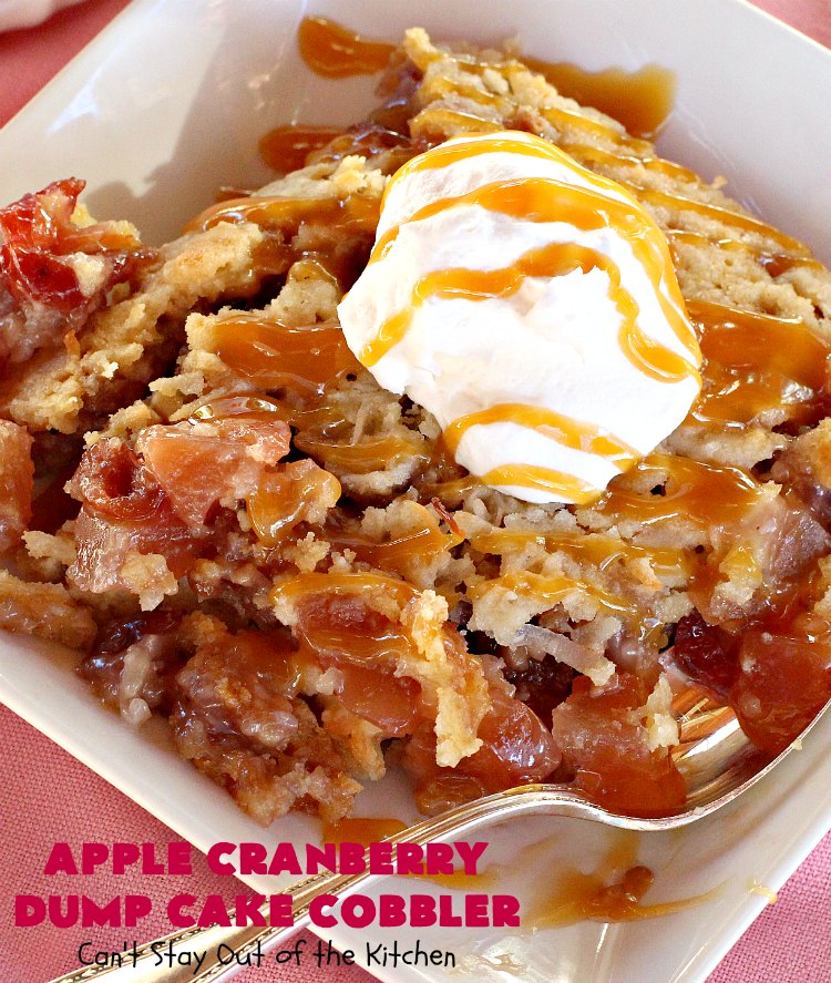 Apple Cranberry Dump Cake Cobbler | Can't Stay Out of the Kitchen | this festive & beautiful #DumpCake #recipe uses only 5 ingredients! It's perfect for a company or #holiday #dessert, especially between #Thanksgiving and #Christmas! #cobbler #AppleCranberryDumpCakeCobbler #coconut #AppleCobbler #AppleCranberryCobbler #pecans