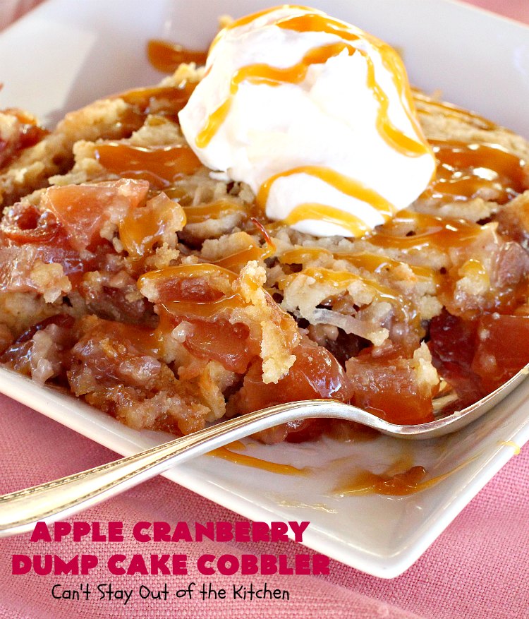 Apple Cranberry Dump Cake Cobbler | Can't Stay Out of the Kitchen | this festive & beautiful #DumpCake #recipe uses only 5 ingredients! It's perfect for a company or #holiday #dessert, especially between #Thanksgiving and #Christmas! #cobbler #AppleCranberryDumpCakeCobbler #coconut #AppleCobbler #AppleCranberryCobbler #pecans
