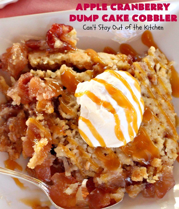 Apple Cranberry Dump Cake Cobbler | Can't Stay Out of the Kitchen | this festive & beautiful #DumpCake #recipe uses only 5 ingredients! It's perfect for a company or #holiday #dessert, especially between #Thanksgiving and #Christmas! #cobbler #AppleCranberryDumpCakeCobbler #coconut #AppleCobbler #AppleCranberryCobbler #pecans