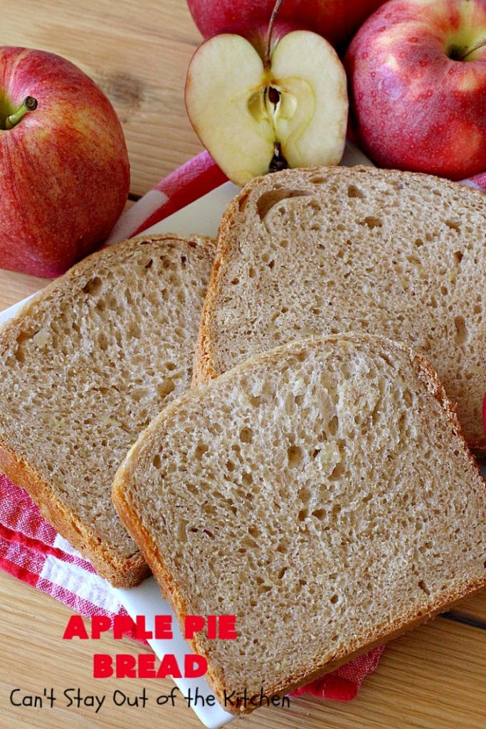 Apple Pie Bread | Can't Stay Out of the Kitchen | this delicious home-baked #bread is sensational. If you enjoy #ApplePie, you'll love it baked up as #HomemadeBread. This #recipe is so easy since it's baked in the #breadmaker. This loaf is terrific for #breakfast or as a dinner bread. #ApplePieBread