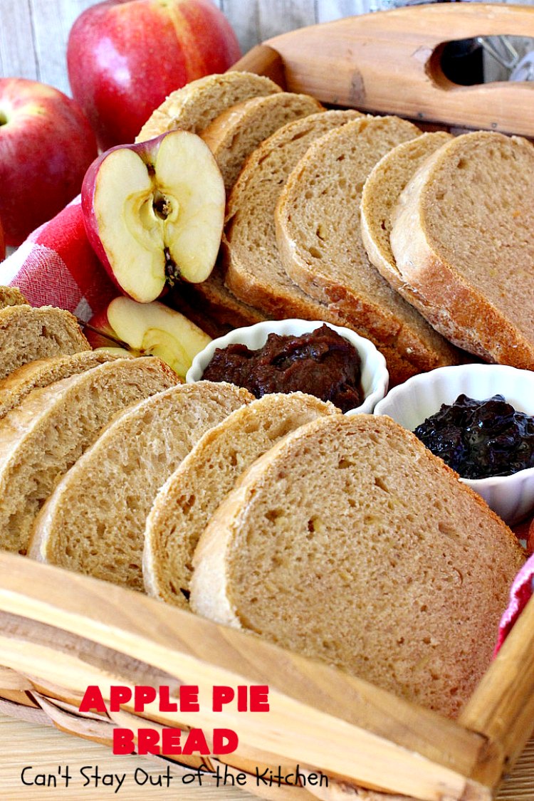 Apple Pie Bread | Can't Stay Out of the Kitchen | this delicious home-baked #bread is sensational. If you enjoy #ApplePie, you'll love it baked up as #HomemadeBread. This #recipe is so easy since it's baked in the #breadmaker. This loaf is terrific for #breakfast or as a dinner bread. #ApplePieBread