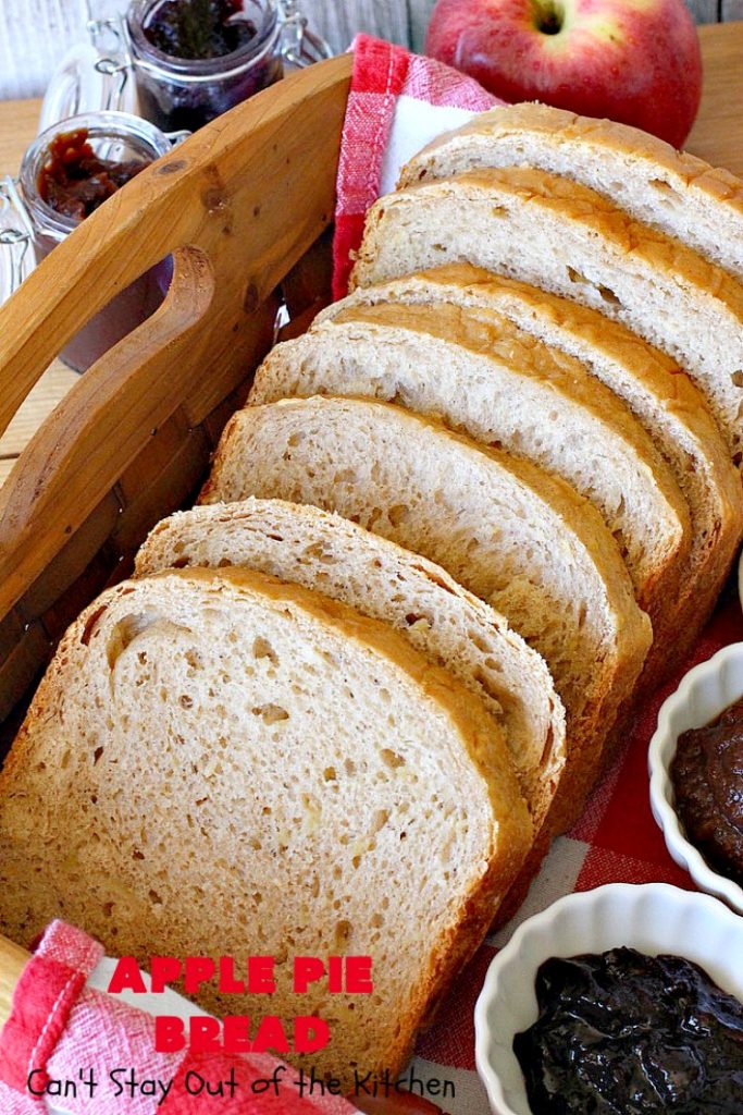 Apple Pie Bread | Can't Stay Out of the Kitchen | this delicious home-baked #bread is sensational. If you enjoy #ApplePie, you'll love it baked up as #HomemadeBread. This #recipe is so easy since it's baked in the #breadmaker. This loaf is terrific for #breakfast or as a dinner bread. #ApplePieBread