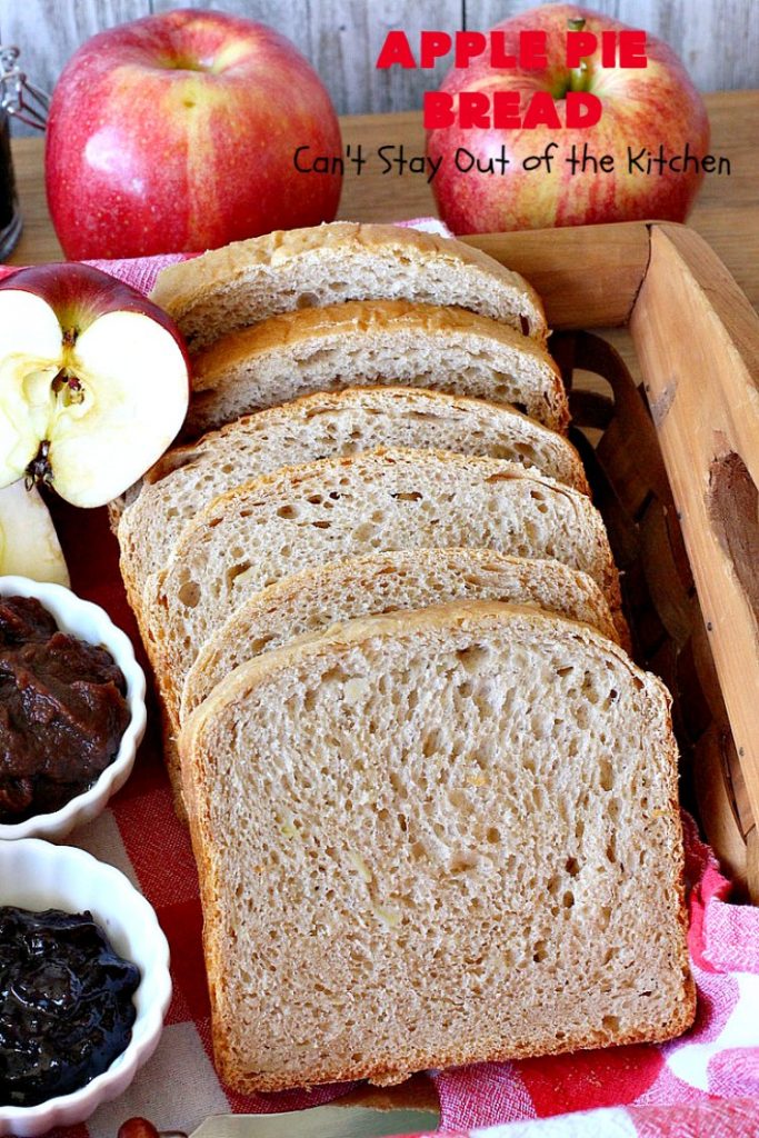 Apple Pie Bread | Can't Stay Out of the Kitchen | this delicious home-baked #bread is sensational. If you enjoy #ApplePie, you'll love it baked up as #HomemadeBread. This #recipe is so easy since it's baked in the #breadmaker. This loaf is terrific for #breakfast or as a dinner bread. #ApplePieBread