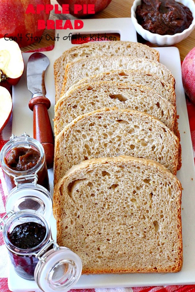 Apple Pie Bread | Can't Stay Out of the Kitchen | this delicious home-baked #bread is sensational. If you enjoy #ApplePie, you'll love it baked up as #HomemadeBread. This #recipe is so easy since it's baked in the #breadmaker. This loaf is terrific for #breakfast or as a dinner bread. #ApplePieBread