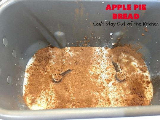 Apple Pie Bread | Can't Stay Out of the Kitchen | this delicious home-baked #bread is sensational. If you enjoy #ApplePie, you'll love it baked up as #HomemadeBread. This #recipe is so easy since it's baked in the #breadmaker. This loaf is terrific for #breakfast or as a dinner bread. #ApplePieBread