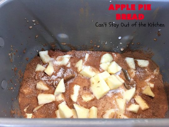 Apple Pie Bread | Can't Stay Out of the Kitchen | this delicious home-baked #bread is sensational. If you enjoy #ApplePie, you'll love it baked up as #HomemadeBread. This #recipe is so easy since it's baked in the #breadmaker. This loaf is terrific for #breakfast or as a dinner bread. #ApplePieBread