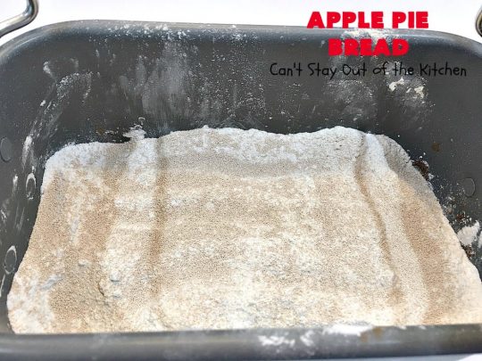 Apple Pie Bread | Can't Stay Out of the Kitchen | this delicious home-baked #bread is sensational. If you enjoy #ApplePie, you'll love it baked up as #HomemadeBread. This #recipe is so easy since it's baked in the #breadmaker. This loaf is terrific for #breakfast or as a dinner bread. #ApplePieBread