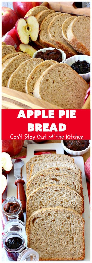 Apple Pie Bread | Can't Stay Out of the Kitchen | this delicious home-baked #bread is sensational. If you enjoy #ApplePie, you'll love it baked up as #HomemadeBread. This #recipe is so easy since it's baked in the #breadmaker. This loaf is terrific for #breakfast or as a dinner bread. #ApplePieBread
