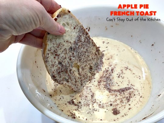 Apple Pie French Toast | Can't Stay Out of the Kitchen | Can't Stay Out of the Kitchen | this spectacular #FrenchToast #recipe tastes like eating #ApplePie with French Toast. It's just awesome. Our guests raved over it. Perfect for company or #holidays like #MothersDay or #FathersDay, too. #ApplePieFrenchToast #Holiday #Breakfast #HolidayBreakfast #MothersDayBreakfast #FathersDayBreakfast #apples #cinnamon