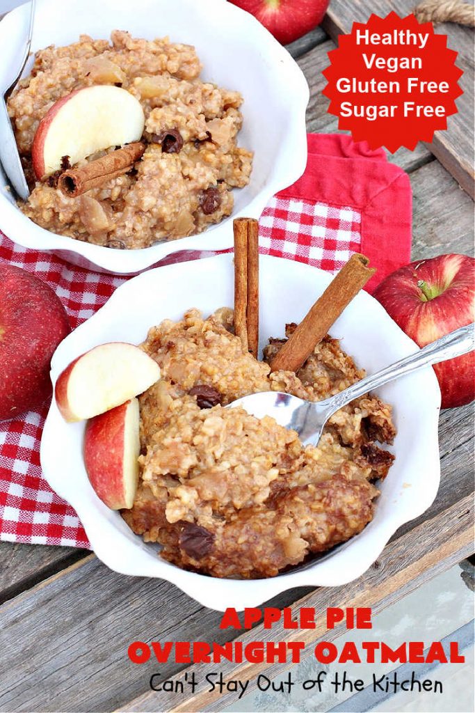 Apple Pie Overnight Oatmeal | Can't Stay Out of the Kitchen | this fantastic #oatmeal #recipe uses steel-cut oats & cooks them up to perfection in the #crockpot. They're filled with #apples & #cinnamon for great #ApplePie flavor. Using a programmable #SlowCooker makes this a wonderful #breakfast idea for a #holiday breakfast too. #healthy, #vegan #GlutenFree #SugarFree #HolidayBreakfast #OvernightOatmeal #ApplePieOvernightOatmeal