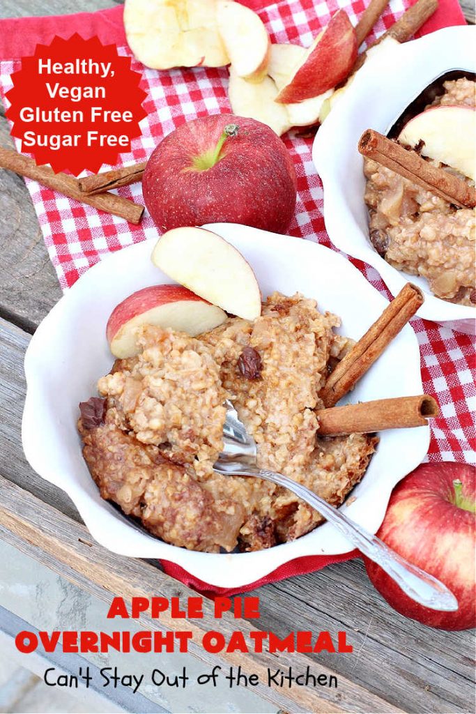 Apple Pie Overnight Oatmeal | Can't Stay Out of the Kitchen | this fantastic #oatmeal #recipe uses steel-cut oats & cooks them up to perfection in the #crockpot. They're filled with #apples & #cinnamon for great #ApplePie flavor. Using a programmable #SlowCooker makes this a wonderful #breakfast idea for a #holiday breakfast too. #healthy, #vegan #GlutenFree #SugarFree #HolidayBreakfast #OvernightOatmeal #ApplePieOvernightOatmeal