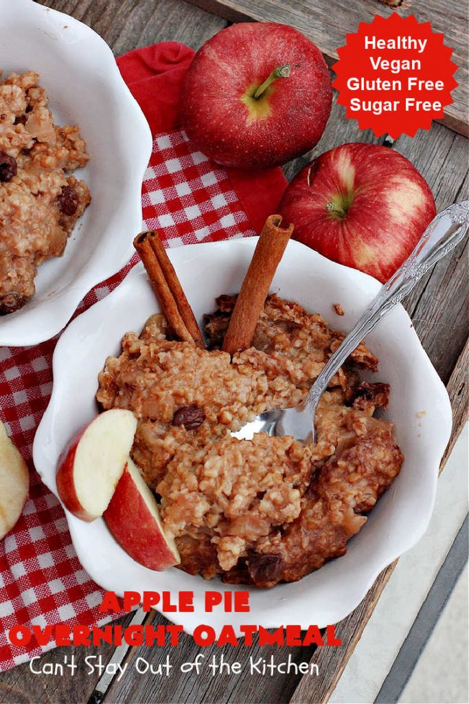 Apple Pie Overnight Oatmeal | Can't Stay Out of the Kitchen | this fantastic #oatmeal #recipe uses steel-cut oats & cooks them up to perfection in the #crockpot. They're filled with #apples & #cinnamon for great #ApplePie flavor. Using a programmable #SlowCooker makes this a wonderful #breakfast idea for a #holiday breakfast too. #healthy, #vegan #GlutenFree #SugarFree #HolidayBreakfast #OvernightOatmeal #ApplePieOvernightOatmeal
