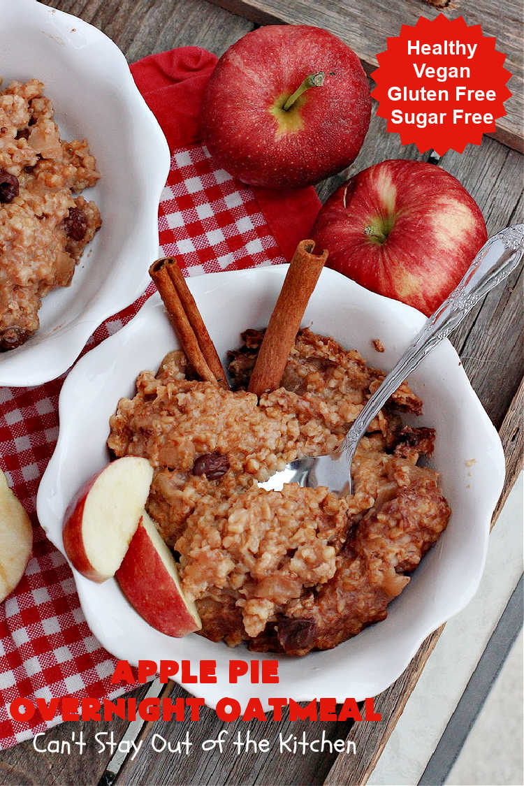Apple Pie Overnight Oatmeal | Can't Stay Out of the Kitchen | this fantastic #oatmeal #recipe uses steel-cut oats & cooks them up to perfection in the #crockpot. They're filled with #apples & #cinnamon for great #ApplePie flavor. Using a programmable #SlowCooker makes this a wonderful #breakfast idea for a #holiday breakfast too. #healthy, #vegan #GlutenFree #SugarFree #HolidayBreakfast #OvernightOatmeal #ApplePieOvernightOatmeal