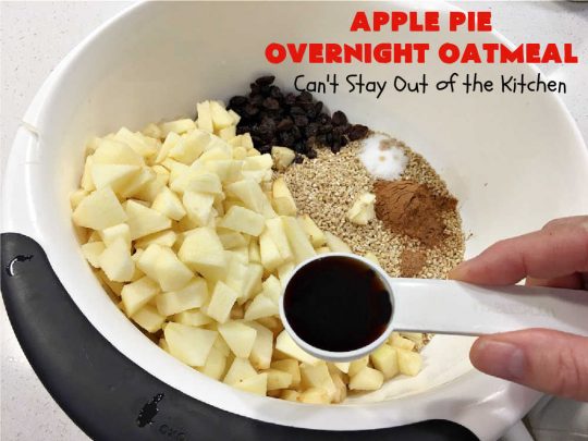 Apple Pie Overnight Oatmeal | Can't Stay Out of the Kitchen | this fantastic #oatmeal #recipe uses steel-cut oats & cooks them up to perfection in the #crockpot. They're filled with #apples & #cinnamon for great #ApplePie flavor. Using a programmable #SlowCooker makes this a wonderful #breakfast idea for a #holiday breakfast too. #healthy, #vegan #GlutenFree #SugarFree #HolidayBreakfast #OvernightOatmeal #ApplePieOvernightOatmeal