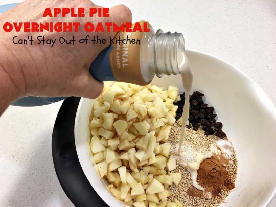 Apple Pie Overnight Oatmeal | Can't Stay Out of the Kitchen | this fantastic #oatmeal #recipe uses steel-cut oats & cooks them up to perfection in the #crockpot. They're filled with #apples & #cinnamon for great #ApplePie flavor. Using a programmable #SlowCooker makes this a wonderful #breakfast idea for a #holiday breakfast too. #healthy, #vegan #GlutenFree #SugarFree #HolidayBreakfast #OvernightOatmeal #ApplePieOvernightOatmeal