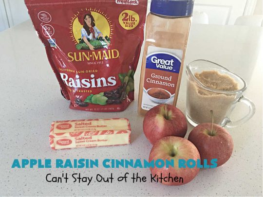 Apple Raisin Cinnamon Rolls | Can't Stay Out of the Kitchen | These luscious #CinnamonRolls are outstanding. They're light, airy, fluffy & yes, irresistible. Perfect for a weekend, company or #holiday #breakfast or #brunch like #Thanksgiving, #Christmas, #Easter or #NewYearsDay. This #NoKnead #Recipe is so easy since it's partially made in the #breadmaker! #HolidayBreakfast #apples #raisins #AppleRaisinCinnamonRolls
