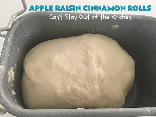 Apple Raisin Cinnamon Rolls | Can't Stay Out of the Kitchen | These luscious #CinnamonRolls are outstanding. They're light, airy, fluffy & yes, irresistible. Perfect for a weekend, company or #holiday #breakfast or #brunch like #Thanksgiving, #Christmas, #Easter or #NewYearsDay. This #NoKnead #Recipe is so easy since it's partially made in the #breadmaker! #HolidayBreakfast #apples #raisins #AppleRaisinCinnamonRolls