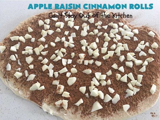 Apple Raisin Cinnamon Rolls | Can't Stay Out of the Kitchen | These luscious #CinnamonRolls are outstanding. They're light, airy, fluffy & yes, irresistible. Perfect for a weekend, company or #holiday #breakfast or #brunch like #Thanksgiving, #Christmas, #Easter or #NewYearsDay. This #NoKnead #Recipe is so easy since it's partially made in the #breadmaker! #HolidayBreakfast #apples #raisins #AppleRaisinCinnamonRolls