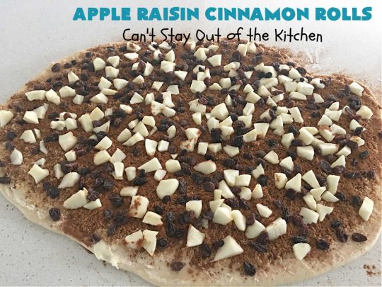 Apple Raisin Cinnamon Rolls | Can't Stay Out of the Kitchen | These luscious #CinnamonRolls are outstanding. They're light, airy, fluffy & yes, irresistible. Perfect for a weekend, company or #holiday #breakfast or #brunch like #Thanksgiving, #Christmas, #Easter or #NewYearsDay. This #NoKnead #Recipe is so easy since it's partially made in the #breadmaker! #HolidayBreakfast #apples #raisins #AppleRaisinCinnamonRolls