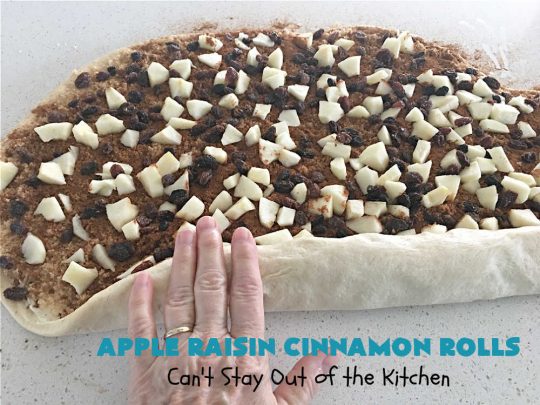 Apple Raisin Cinnamon Rolls | Can't Stay Out of the Kitchen | These luscious #CinnamonRolls are outstanding. They're light, airy, fluffy & yes, irresistible. Perfect for a weekend, company or #holiday #breakfast or #brunch like #Thanksgiving, #Christmas, #Easter or #NewYearsDay. This #NoKnead #Recipe is so easy since it's partially made in the #breadmaker! #HolidayBreakfast #apples #raisins #AppleRaisinCinnamonRolls