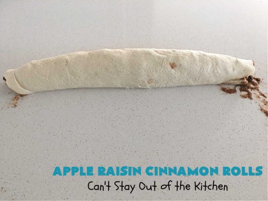 Apple Raisin Cinnamon Rolls | Can't Stay Out of the Kitchen | These luscious #CinnamonRolls are outstanding. They're light, airy, fluffy & yes, irresistible. Perfect for a weekend, company or #holiday #breakfast or #brunch like #Thanksgiving, #Christmas, #Easter or #NewYearsDay. This #NoKnead #Recipe is so easy since it's partially made in the #breadmaker! #HolidayBreakfast #apples #raisins #AppleRaisinCinnamonRolls