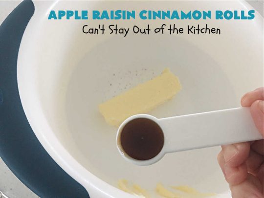 Apple Raisin Cinnamon Rolls | Can't Stay Out of the Kitchen | These luscious #CinnamonRolls are outstanding. They're light, airy, fluffy & yes, irresistible. Perfect for a weekend, company or #holiday #breakfast or #brunch like #Thanksgiving, #Christmas, #Easter or #NewYearsDay. This #NoKnead #Recipe is so easy since it's partially made in the #breadmaker! #HolidayBreakfast #apples #raisins #AppleRaisinCinnamonRolls
