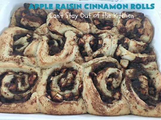 Apple Raisin Cinnamon Rolls | Can't Stay Out of the Kitchen | These luscious #CinnamonRolls are outstanding. They're light, airy, fluffy & yes, irresistible. Perfect for a weekend, company or #holiday #breakfast or #brunch like #Thanksgiving, #Christmas, #Easter or #NewYearsDay. This #NoKnead #Recipe is so easy since it's partially made in the #breadmaker! #HolidayBreakfast #apples #raisins #AppleRaisinCinnamonRolls