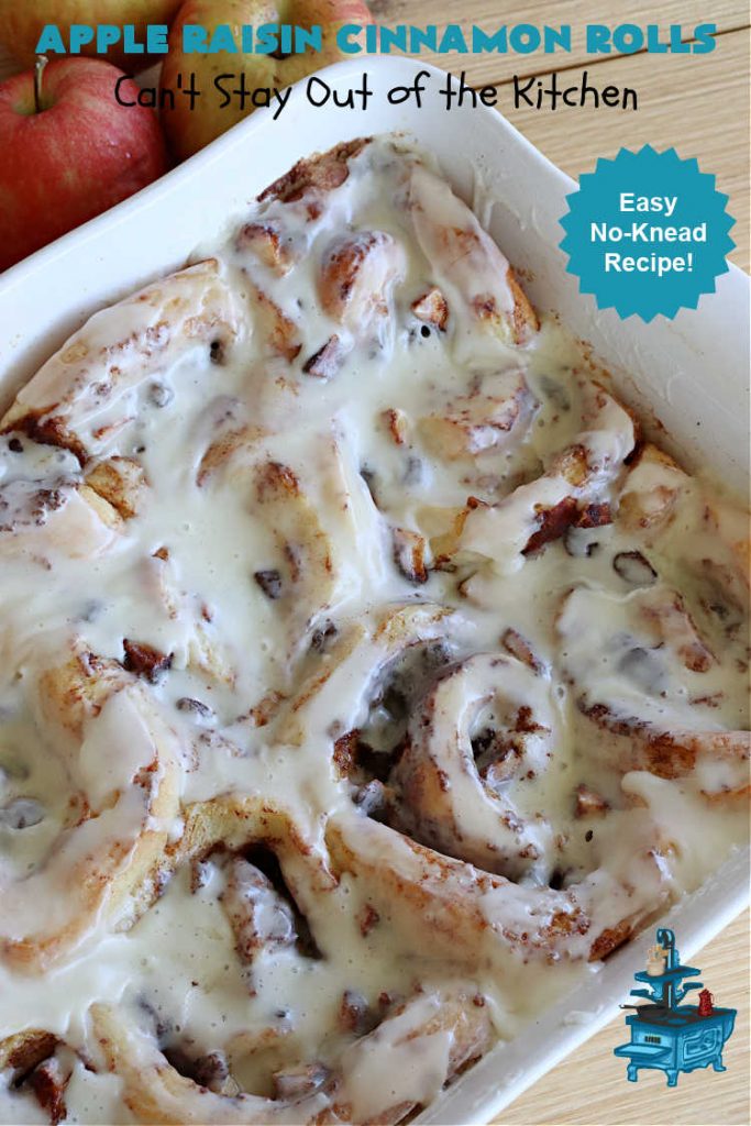 Apple Raisin Cinnamon Rolls | Can't Stay Out of the Kitchen | These luscious #CinnamonRolls are outstanding. They're light, airy, fluffy & yes, irresistible. Perfect for a weekend, company or #holiday #breakfast or #brunch like #Thanksgiving, #Christmas, #Easter or #NewYearsDay. This #NoKnead #Recipe is so easy since it's partially made in the #breadmaker! #HolidayBreakfast #apples #raisins #AppleRaisinCinnamonRolls