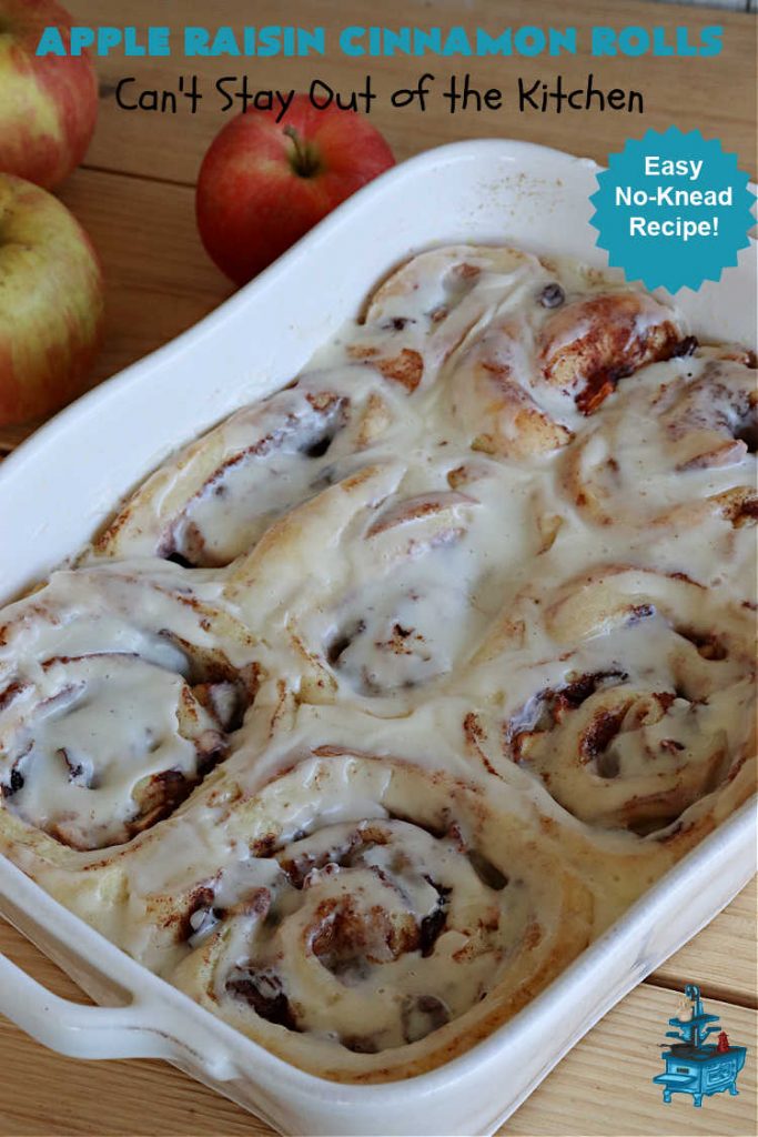 Apple Raisin Cinnamon Rolls | Can't Stay Out of the Kitchen | These luscious #CinnamonRolls are outstanding. They're light, airy, fluffy & yes, irresistible. Perfect for a weekend, company or #holiday #breakfast or #brunch like #Thanksgiving, #Christmas, #Easter or #NewYearsDay. This #NoKnead #Recipe is so easy since it's partially made in the #breadmaker! #HolidayBreakfast #apples #raisins #AppleRaisinCinnamonRolls