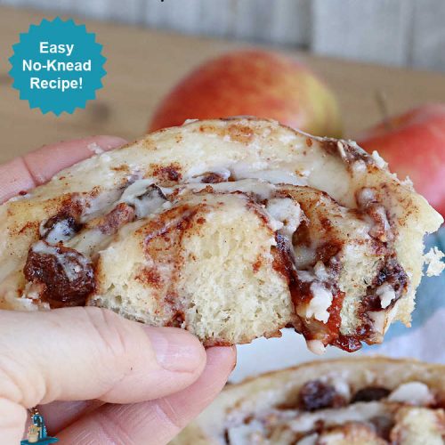Apple Raisin Cinnamon Rolls | Can't Stay Out of the Kitchen | These luscious #CinnamonRolls are outstanding. They're light, airy, fluffy & yes, irresistible. Perfect for a weekend, company or #holiday #breakfast or #brunch like #Thanksgiving, #Christmas, #Easter or #NewYearsDay. This #NoKnead #Recipe is so easy since it's partially made in the #breadmaker! #HolidayBreakfast #apples #raisins #AppleRaisinCinnamonRolls
