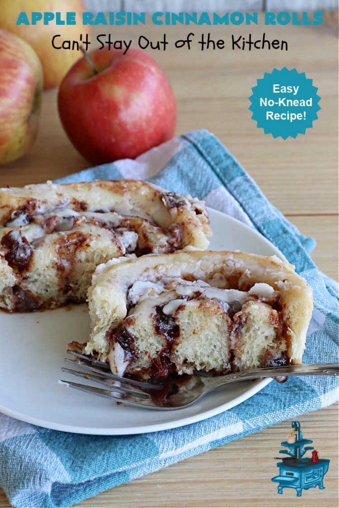 Apple Raisin Cinnamon Rolls | Can't Stay Out of the Kitchen | These luscious #CinnamonRolls are outstanding. They're light, airy, fluffy & yes, irresistible. Perfect for a weekend, company or #holiday #breakfast or #brunch like #Thanksgiving, #Christmas, #Easter or #NewYearsDay. This #NoKnead #Recipe is so easy since it's partially made in the #breadmaker! #HolidayBreakfast #apples #raisins #AppleRaisinCinnamonRolls