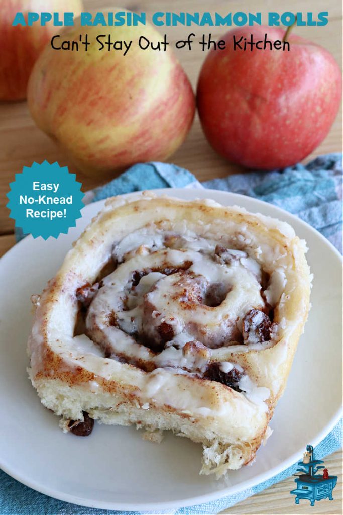 Apple Raisin Cinnamon Rolls | Can't Stay Out of the Kitchen | These luscious #CinnamonRolls are outstanding. They're light, airy, fluffy & yes, irresistible. Perfect for a weekend, company or #holiday #breakfast or #brunch like #Thanksgiving, #Christmas, #Easter or #NewYearsDay. This #NoKnead #Recipe is so easy since it's partially made in the #breadmaker! #HolidayBreakfast #apples #raisins #AppleRaisinCinnamonRolls