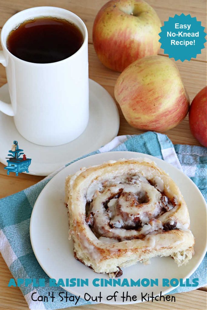 Apple Raisin Cinnamon Rolls | Can't Stay Out of the Kitchen | These luscious #CinnamonRolls are outstanding. They're light, airy, fluffy & yes, irresistible. Perfect for a weekend, company or #holiday #breakfast or #brunch like #Thanksgiving, #Christmas, #Easter or #NewYearsDay. This #NoKnead #Recipe is so easy since it's partially made in the #breadmaker! #HolidayBreakfast #apples #raisins #AppleRaisinCinnamonRolls
