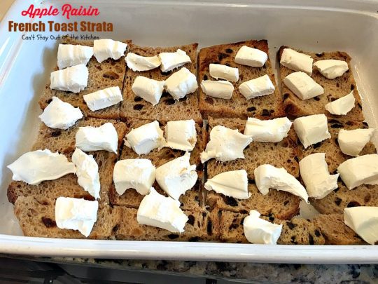 Apple Raisin French Toast Strata | Can't Stay Out of the Kitchen | This amazing #breakfast #casserole is divine! It uses #creamcheese #applepiefilling & #glutenfree cinnamon raisin #bread. Great for #holiday breakfasts.