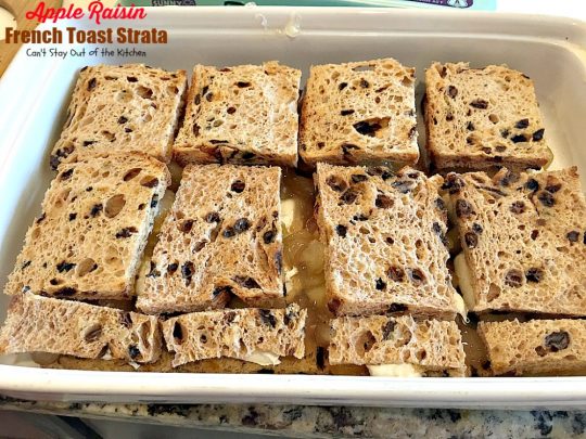 Apple Raisin French Toast Strata | Can't Stay Out of the Kitchen | This amazing #breakfast #casserole is divine! It uses #creamcheese #applepiefilling & #glutenfree cinnamon raisin #bread. Great for #holiday breakfasts.