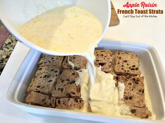 Apple Raisin French Toast Strata | Can't Stay Out of the Kitchen | This amazing #breakfast #casserole is divine! It uses #creamcheese #applepiefilling & #glutenfree cinnamon raisin #bread. Great for #holiday breakfasts.