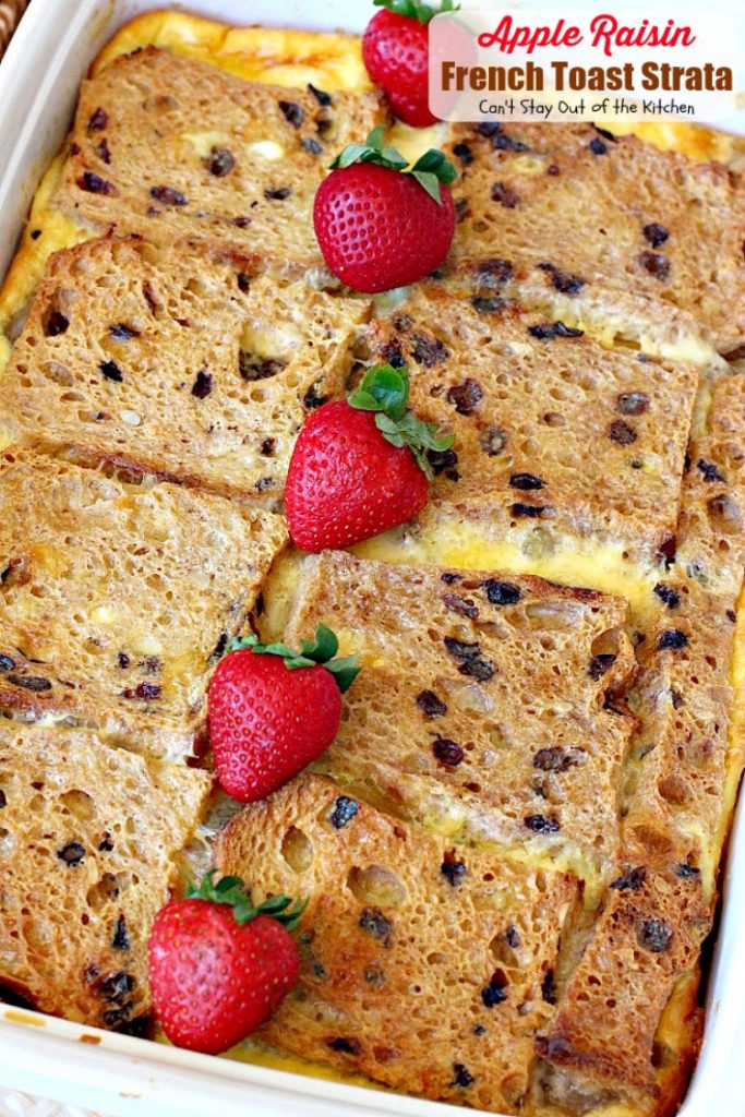 Apple Raisin French Toast Strata | Can't Stay Out of the Kitchen | This amazing #breakfast #casserole is divine! It uses #creamcheese #applepiefilling & #glutenfree cinnamon raisin #bread. Great for #holiday breakfasts.