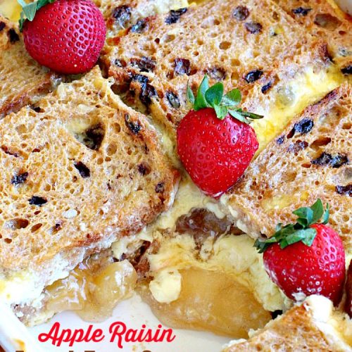 Apple Raisin French Toast Strata | Can't Stay Out of the Kitchen | This amazing #breakfast #casserole is divine! It uses #creamcheese #applepiefilling & #glutenfree cinnamon raisin #bread. Great for #holiday breakfasts.
